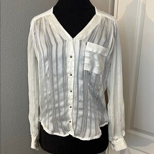 Elegant White Striped Button Up Blouse Sheer Flawed